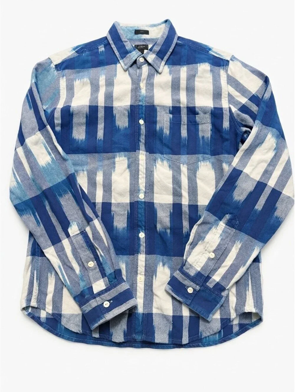 J.Crew Men's Medium Slim Fit Blue White Ikat Plaid Button Down Shirt Long Sleeve